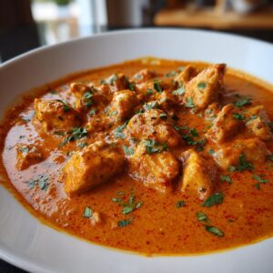 Close-up of tender chicken pieces swimming in a vibrant orange, creamy sauce of butter chicken, garnished with fresh cilantro.