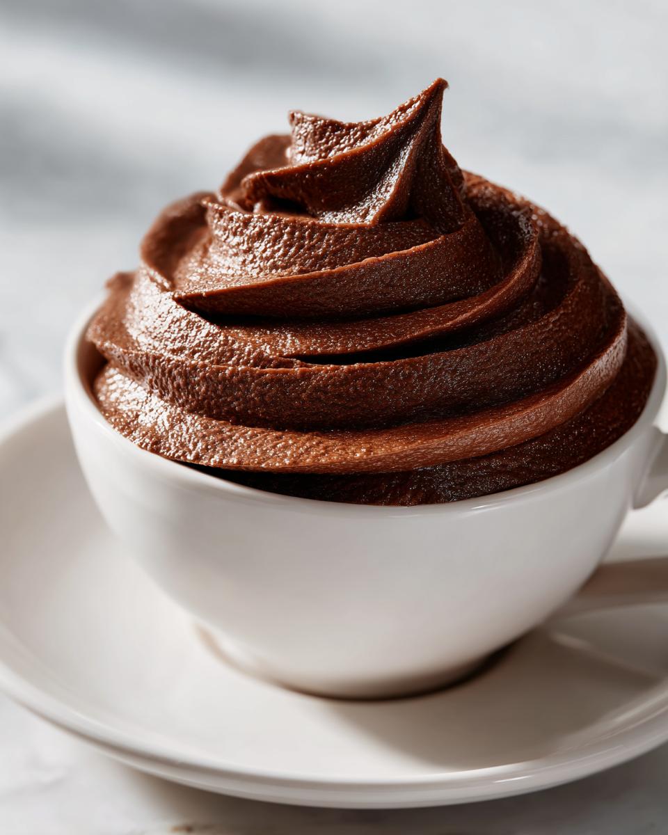 A close-up of rich, dark chocolate frosting swirled high in a small white teacup.