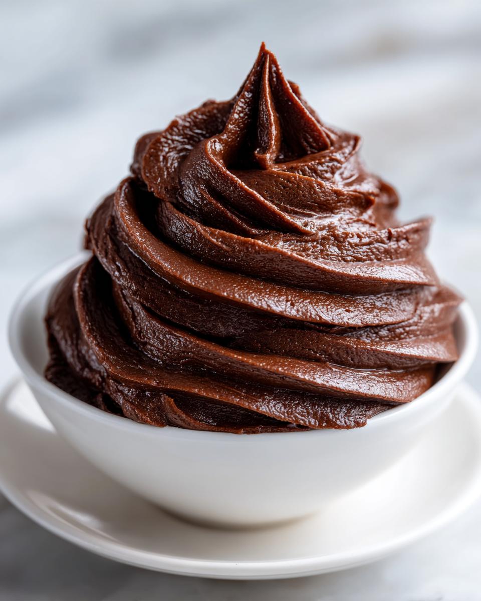 A close-up of rich, dark chocolate frosting piped into a perfect swirl inside a small white bowl.
