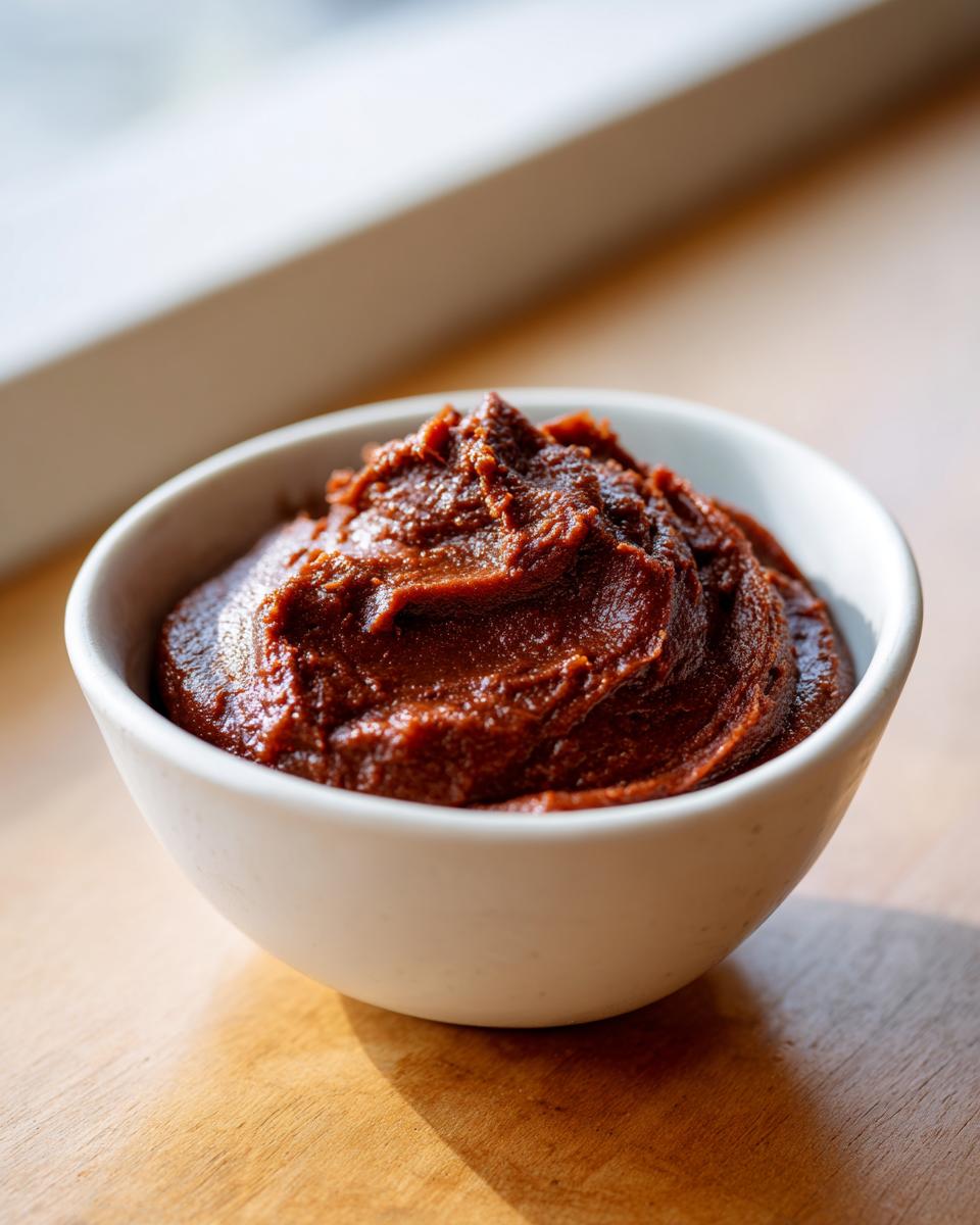 A close-up of thick, dark brown homemade apple butter swirled in a small white bowl.