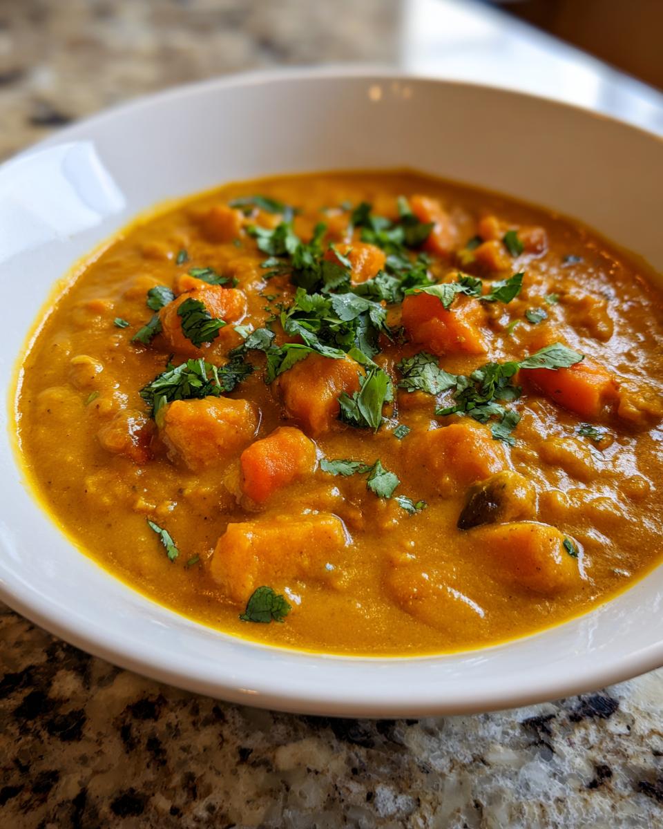 A close-up view of a rich, orange pumpkin curry topped with fresh chopped cilantro in a white bowl.