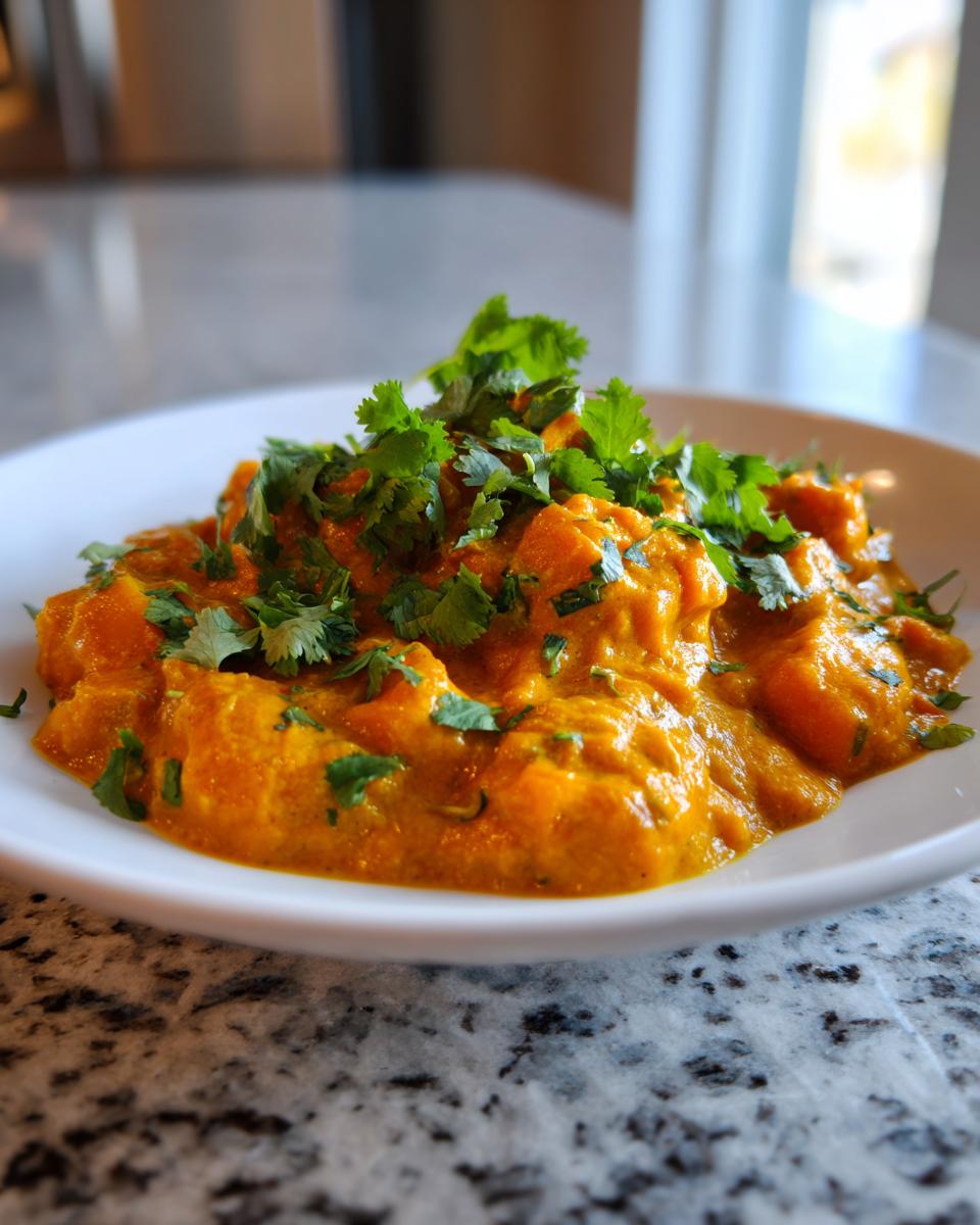 A close-up serving of vibrant orange pumpkin curry topped generously with fresh green cilantro leaves.
