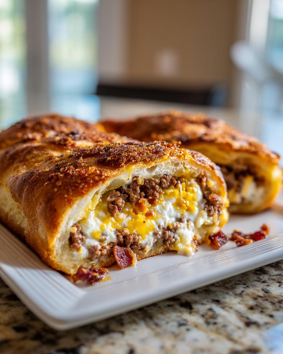 Close-up of a slice of savory garbage bread stuffed with ground meat, melted cheese, and bacon bits on a white plate.