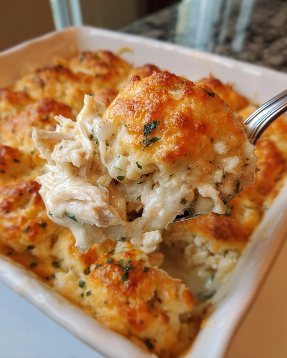 A spoonful of creamy, shredded chicken cobbler with a golden, cheesy biscuit topping being lifted from a white baking dish.