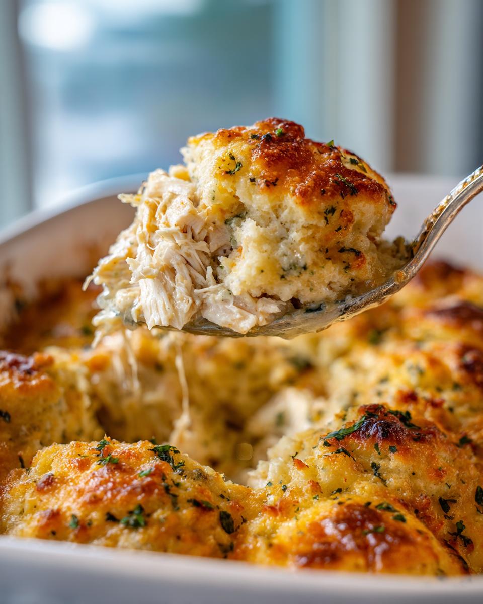 A spoonful of creamy, shredded chicken and fluffy biscuit topping being lifted from a baking dish of chicken cobbler.