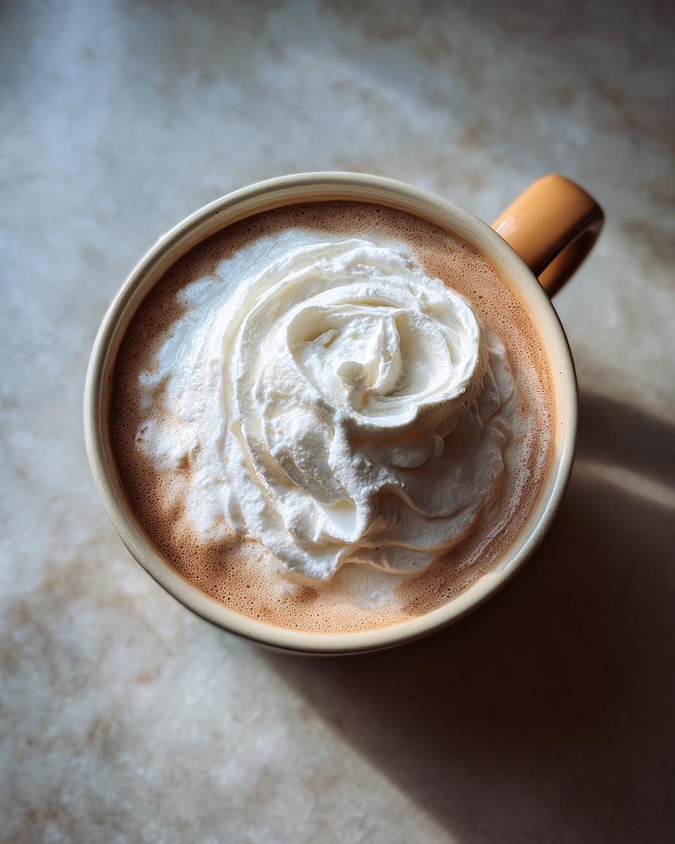 Overhead view of a warm mug filled with white hot chocolate topped generously with swirling whipped cream.