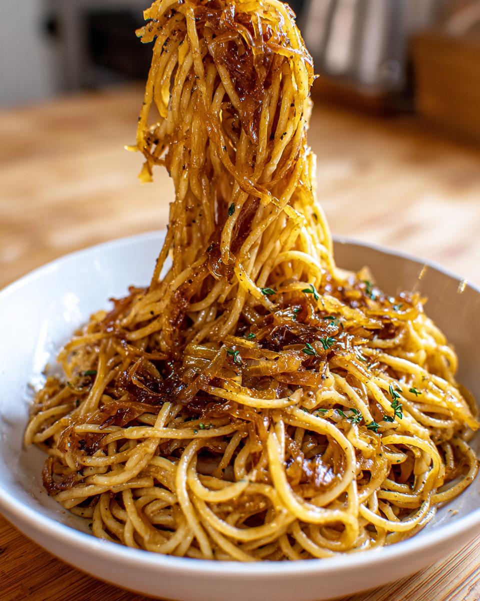 A fork lifting a generous portion of spaghetti coated in rich caramelized onion pasta from a white bowl.