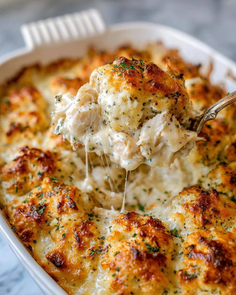 A spoonful of creamy chicken cobbler being lifted from a white baking dish, showing melted cheese strings.