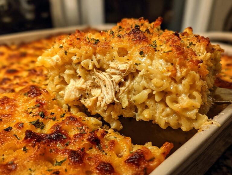 A close-up of a serving spoon lifting a portion of creamy chicken noodle casserole with a golden, crispy topping.