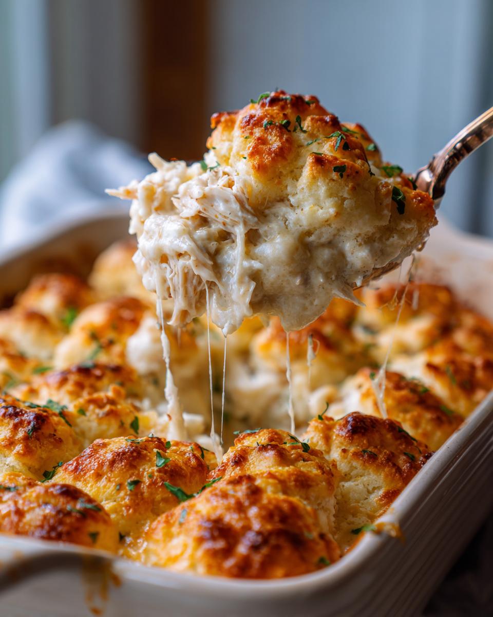 A spoonful of creamy, shredded chicken cobbler being lifted from a baking dish, showing cheesy stretch.