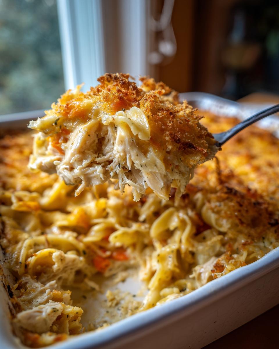 A spoonful of creamy chicken noodle casserole with a golden, crunchy topping being lifted from the baking dish.