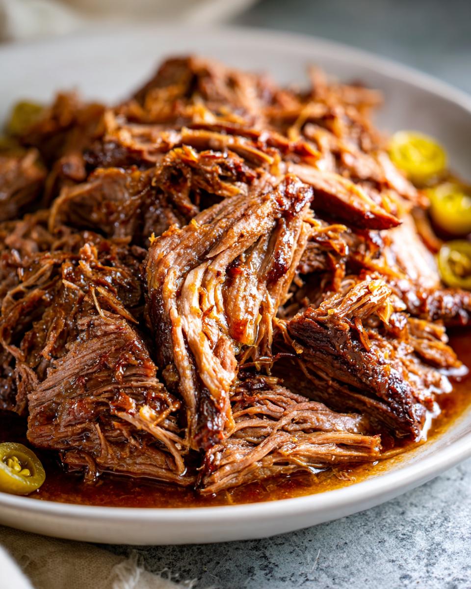 Close-up of tender, shredded Mississippi Pot Roast coated in rich brown juices, garnished with pepperoncini slices.