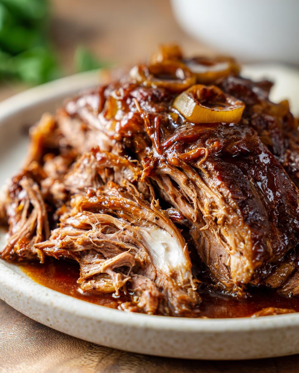 Close-up of tender, shredded Mississippi Pot Roast coated in rich brown gravy and topped with cooked onions.