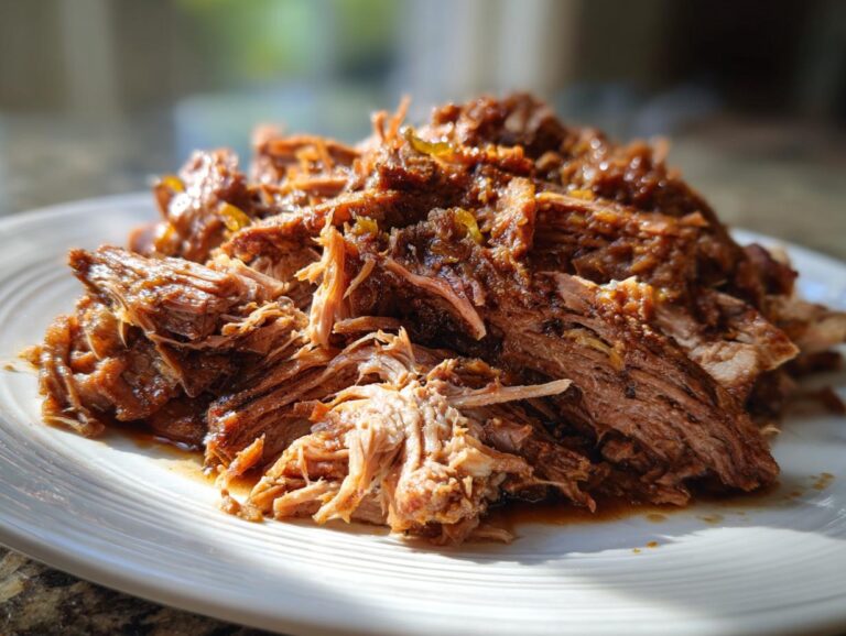 Close-up of tender, shredded Mississippi pot roast piled high on a white plate, glistening with savory juices.
