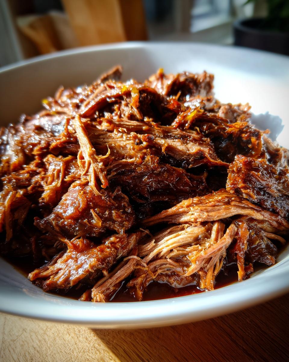 Close-up of tender, shredded Mississippi pot roast glistening with rich brown sauce in a white bowl.