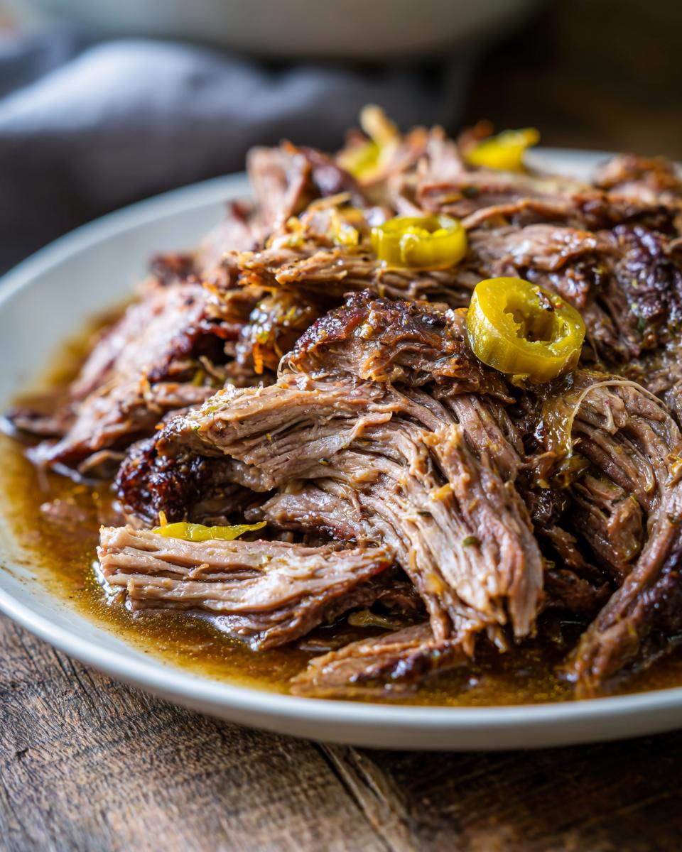 Close-up of tender, shredded Mississippi pot roast served in its savory juices, topped with yellow pepperoncini rings.