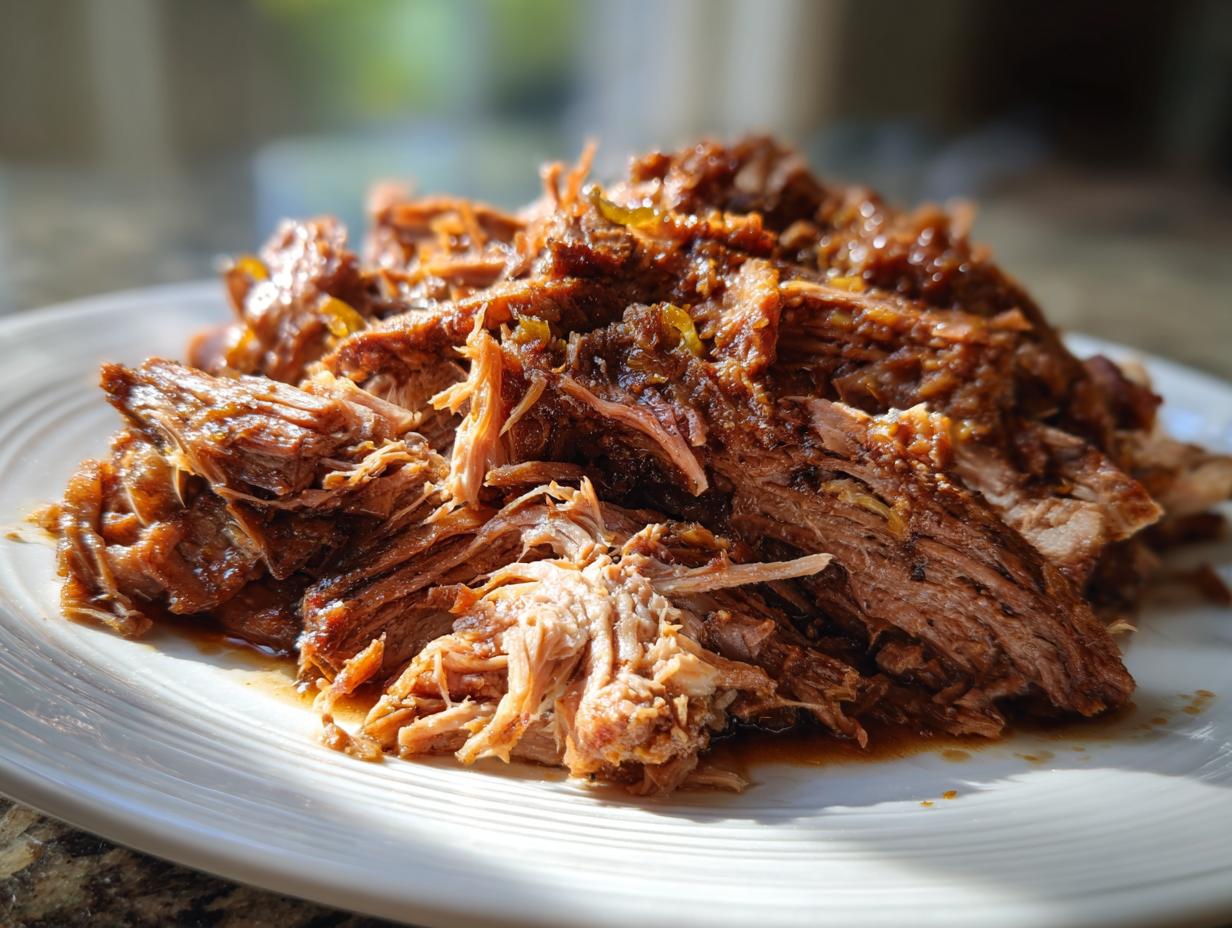 Close-up of tender, shredded Mississippi pot roast piled high on a white plate, glistening with savory juices.