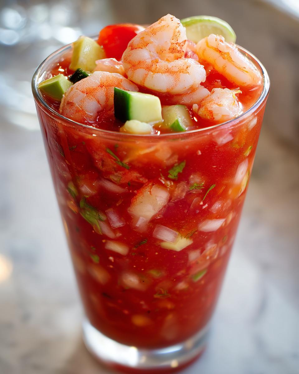 Close-up of a vibrant shrimp cocktail served in a tall glass, featuring plump shrimp, cucumber, and lime.
