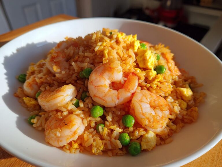 A close-up of a white bowl filled with vibrant shrimp fried rice, featuring plump shrimp, bright green peas, and scrambled egg pieces.