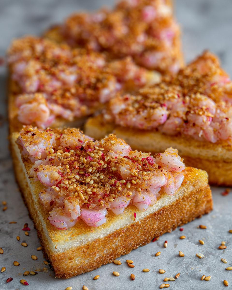 Close-up of a piece of golden-brown shrimp toast topped with minced shrimp and a sprinkle of sesame seeds and spices.