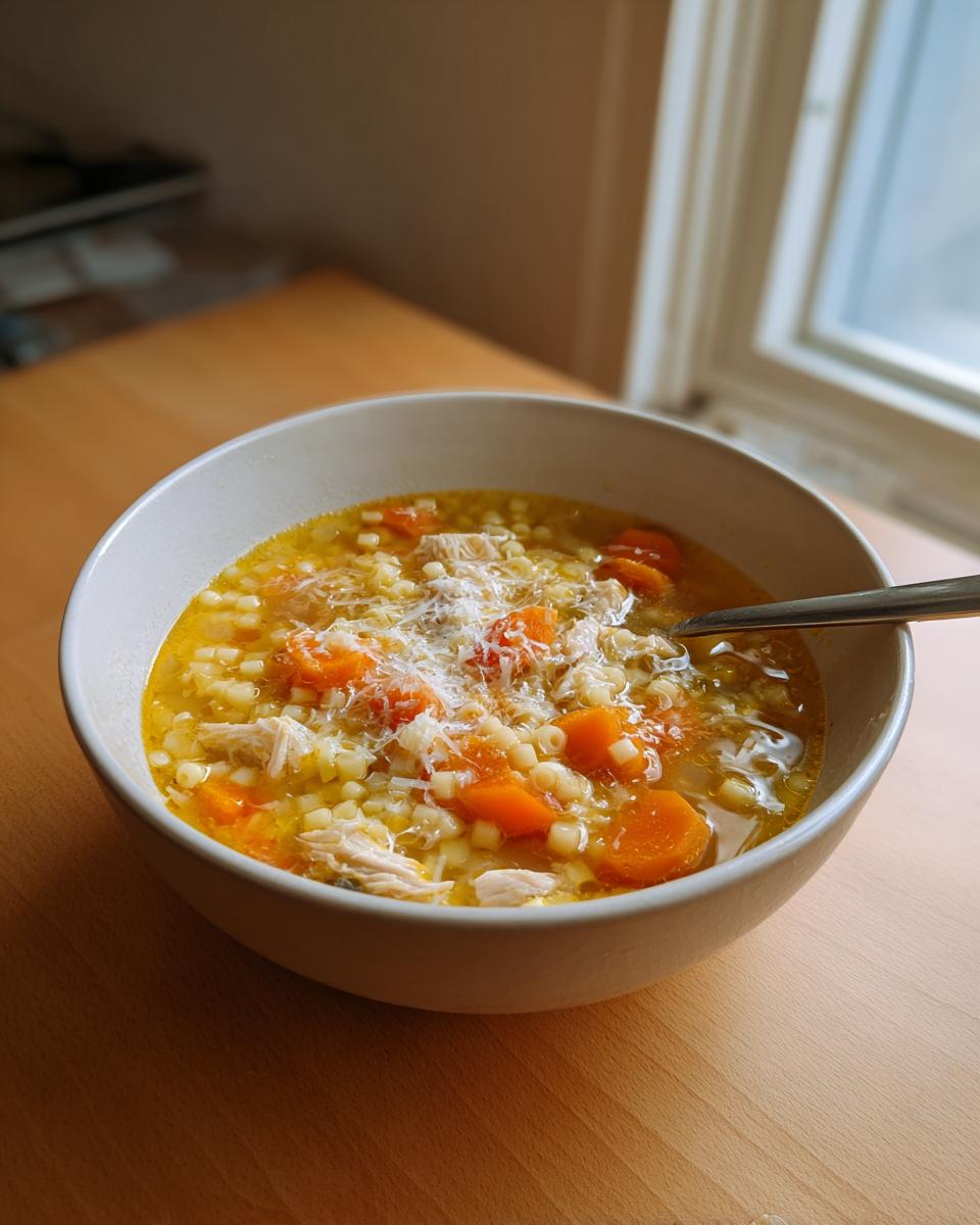 A close-up of a bowl of sicilian chicken soup featuring shredded chicken, small pasta, sliced carrots, and grated cheese.