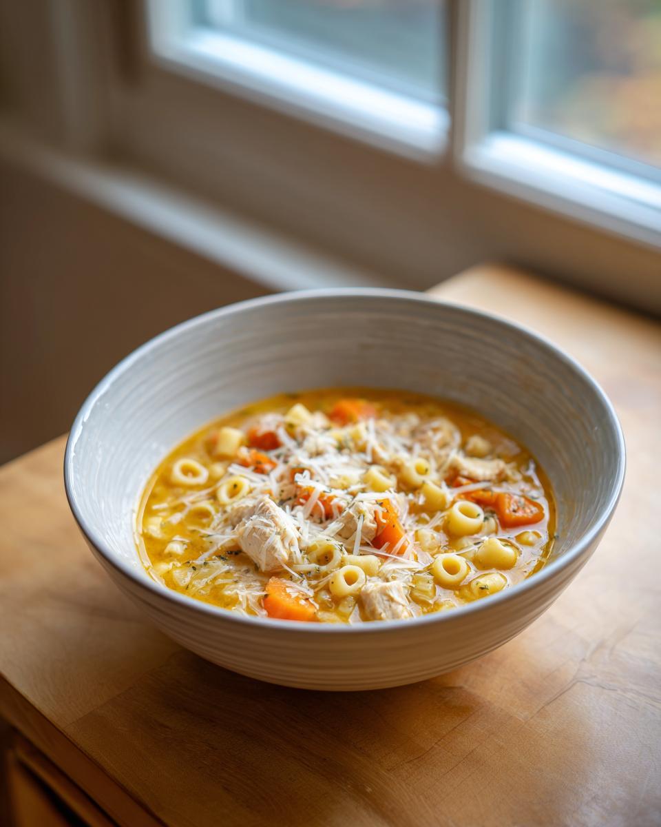 A close-up of a bowl of sicilian chicken soup filled with shredded chicken, carrots, ditalini pasta, and topped with grated cheese.