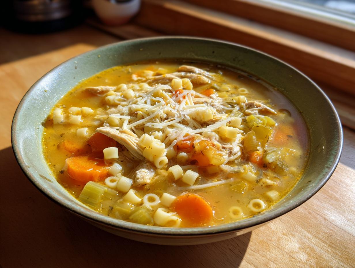 A close-up of a bowl of Sicilian chicken soup featuring shredded chicken, ditalini pasta, carrots, celery, and grated cheese.