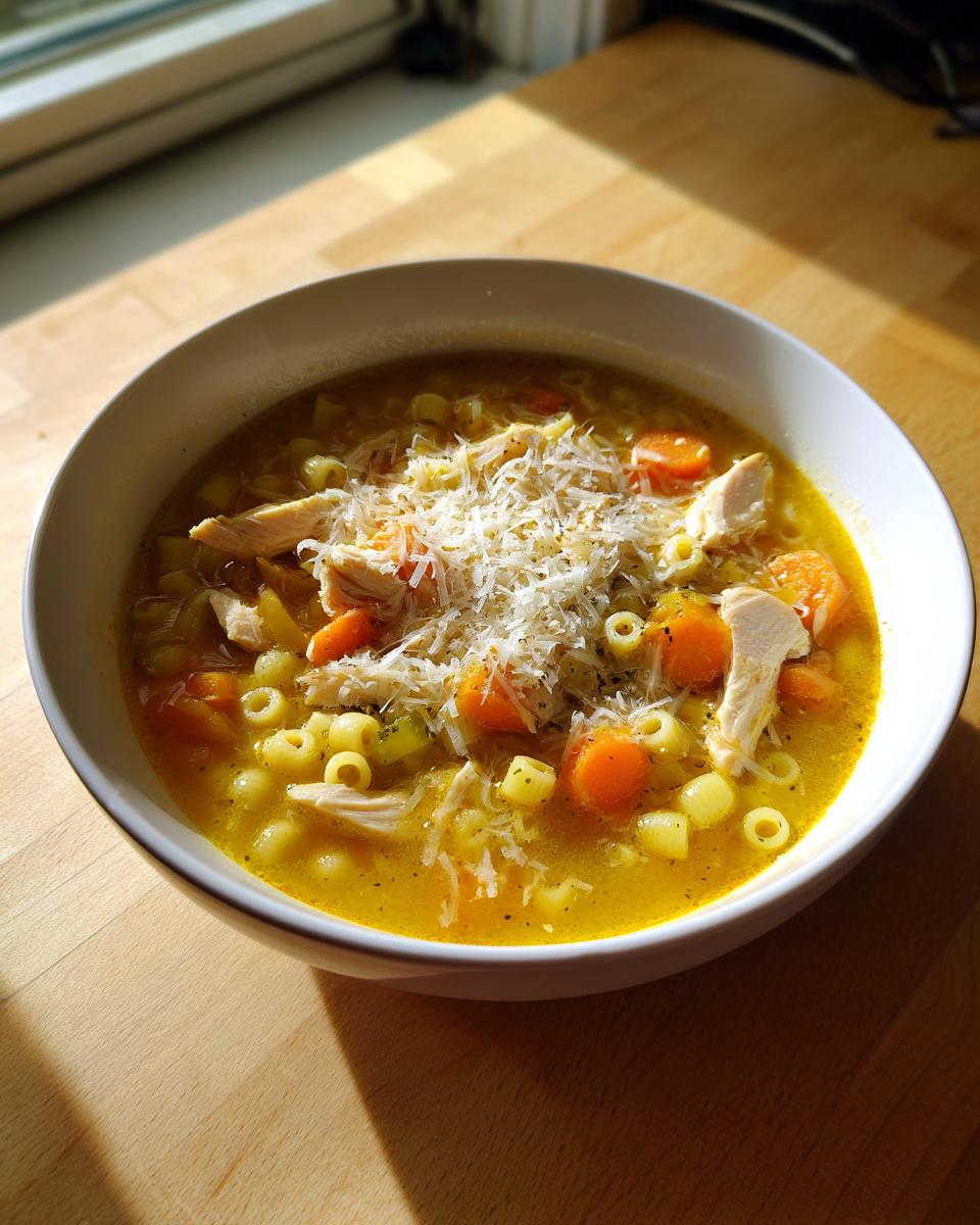A close-up of a bowl of rich, yellow Sicilian chicken soup topped with shredded chicken, carrots, pasta, and grated Parmesan cheese.