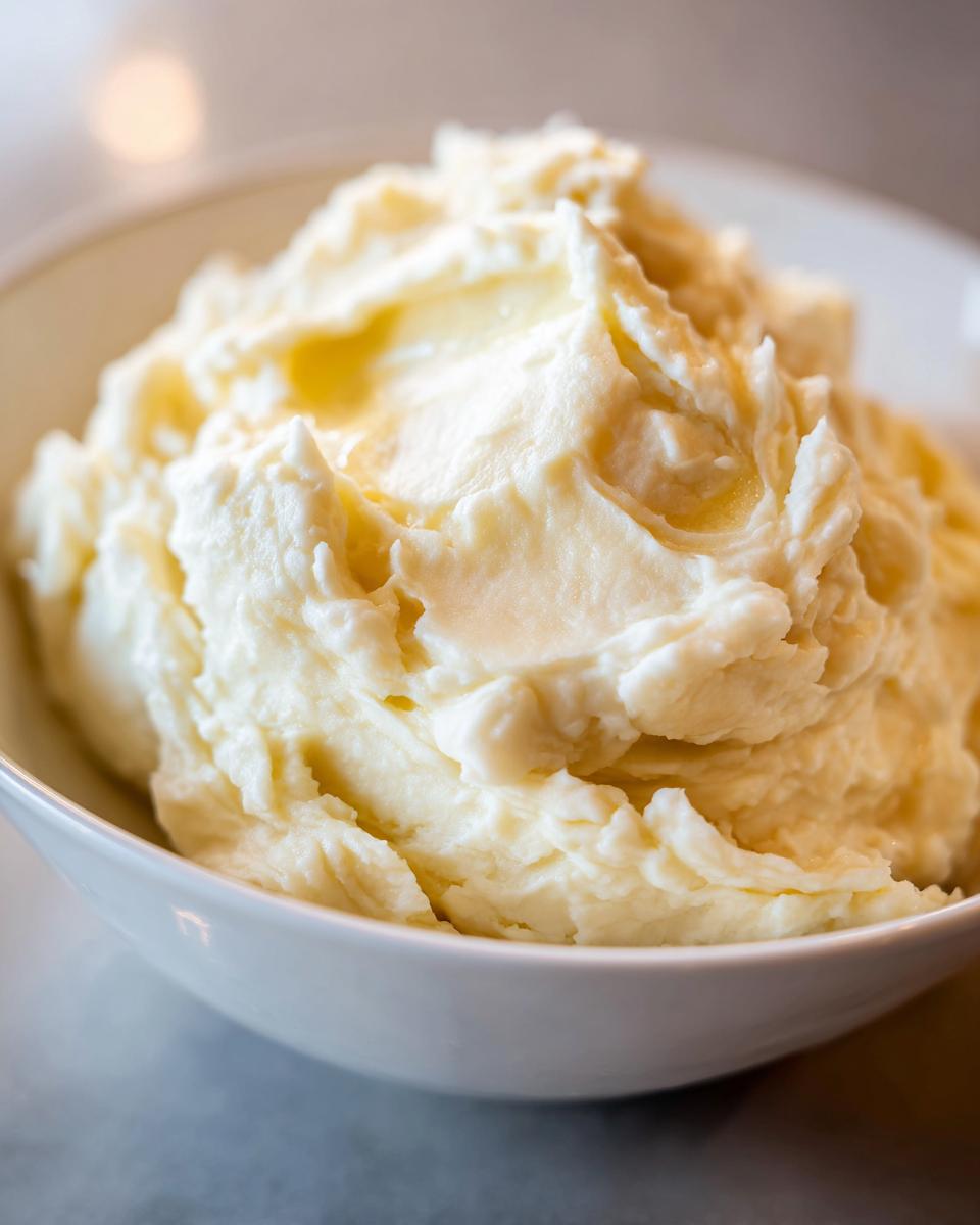 Close-up of incredibly creamy, fluffy garlic mashed potatoes served in a white bowl with melted butter pooling slightly on top.