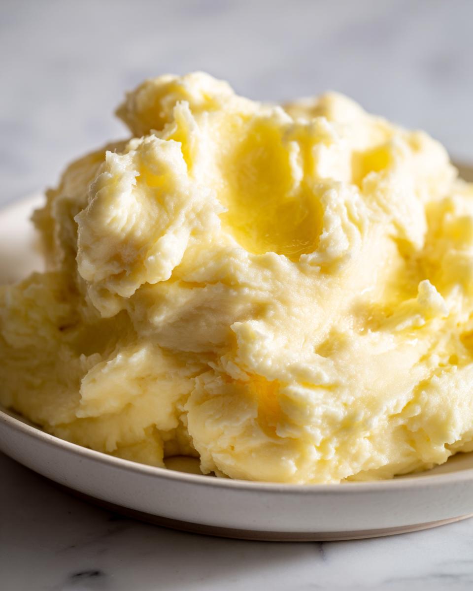 Close-up of creamy, fluffy garlic mashed potatoes topped with a pool of melted butter.
