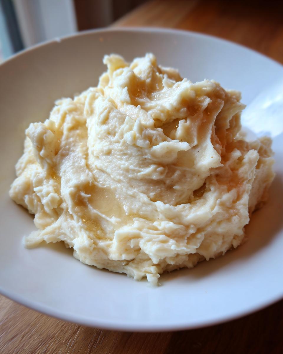 Close-up of creamy, fluffy garlic mashed potatoes drizzled with melted butter in a white bowl.