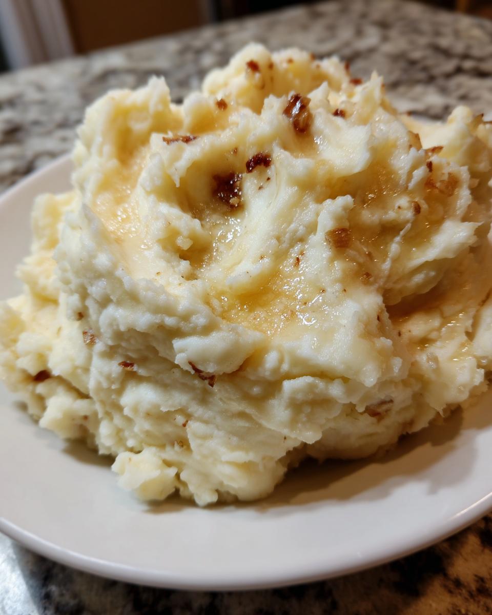 A generous serving of creamy garlic mashed potatoes topped with melted butter and browned bits.