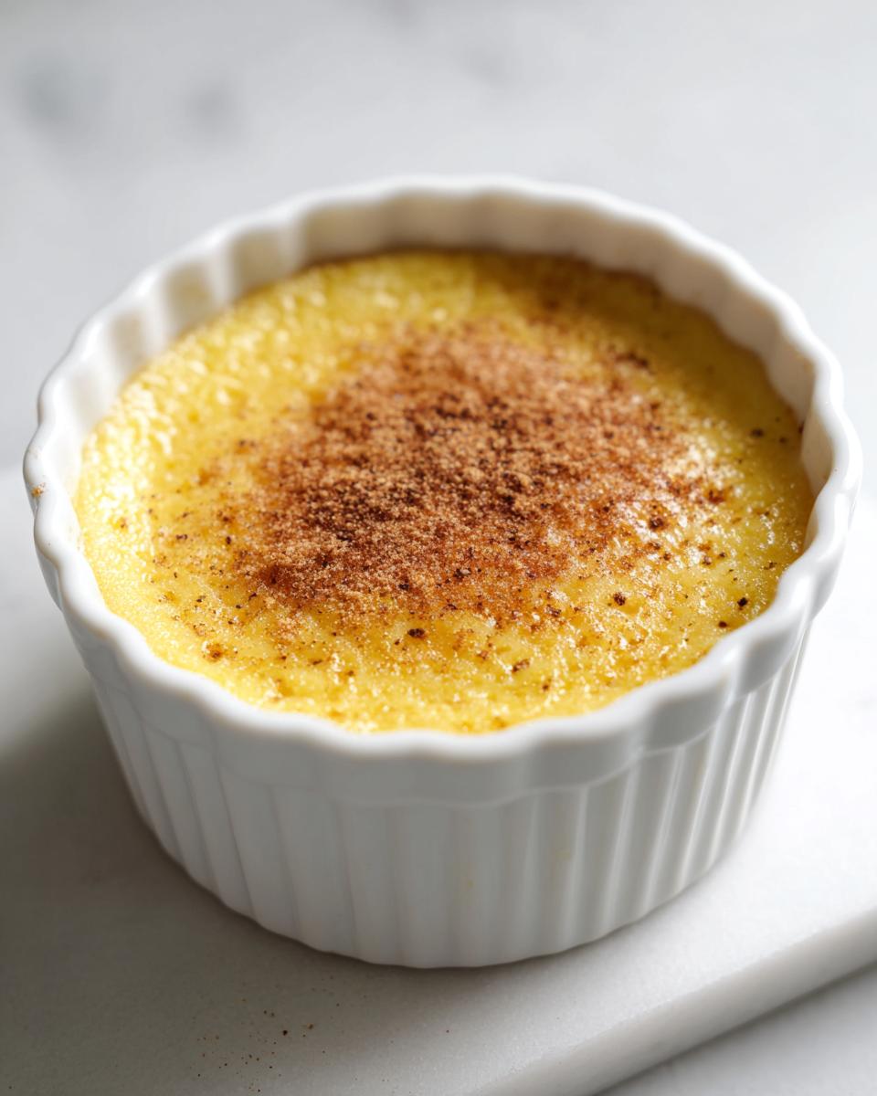 A close-up of a creamy yellow egg custard topped with cinnamon sugar in a white fluted ramekin.
