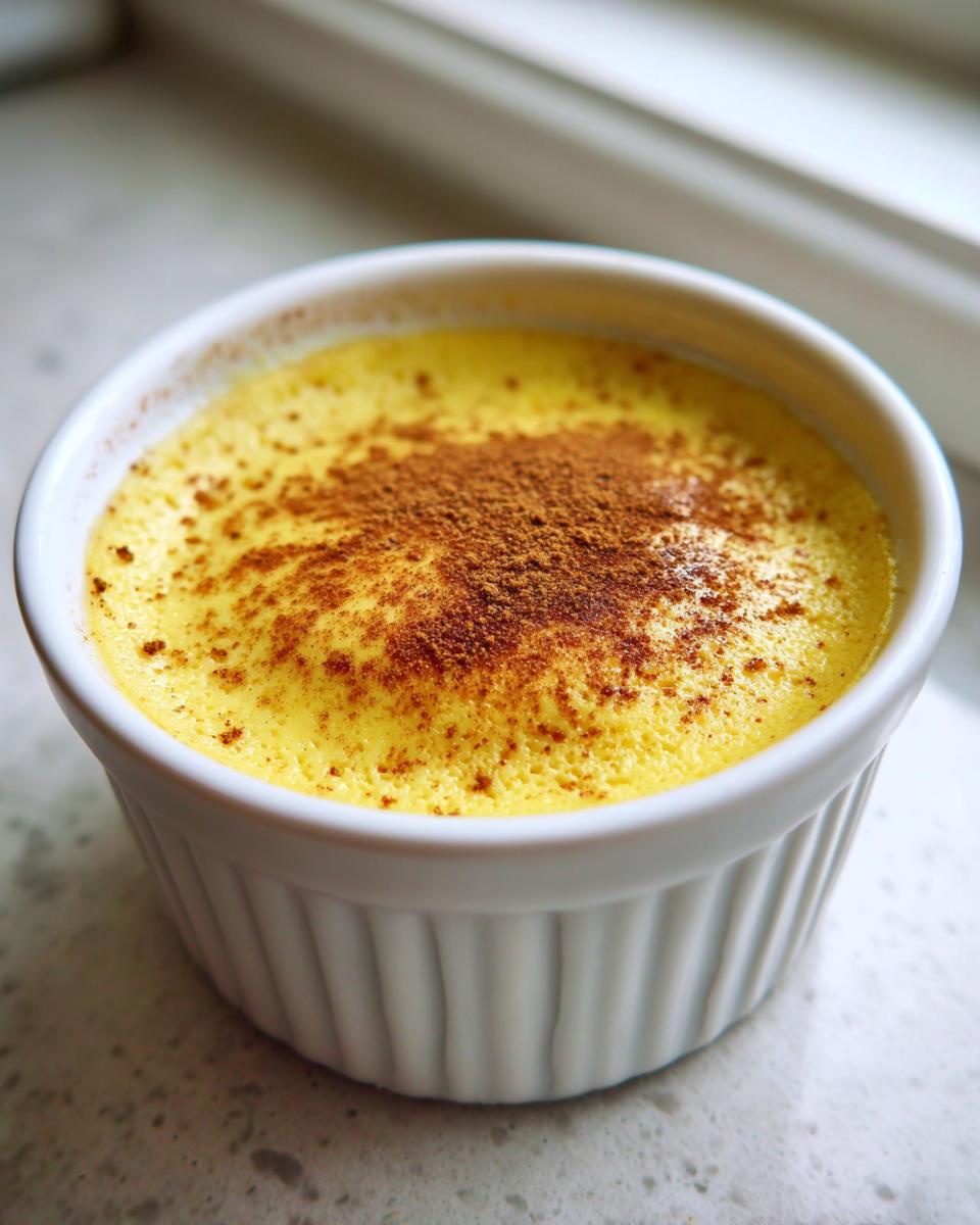 A close-up of a rich yellow egg custard served in a white fluted ramekin, topped with ground cinnamon.