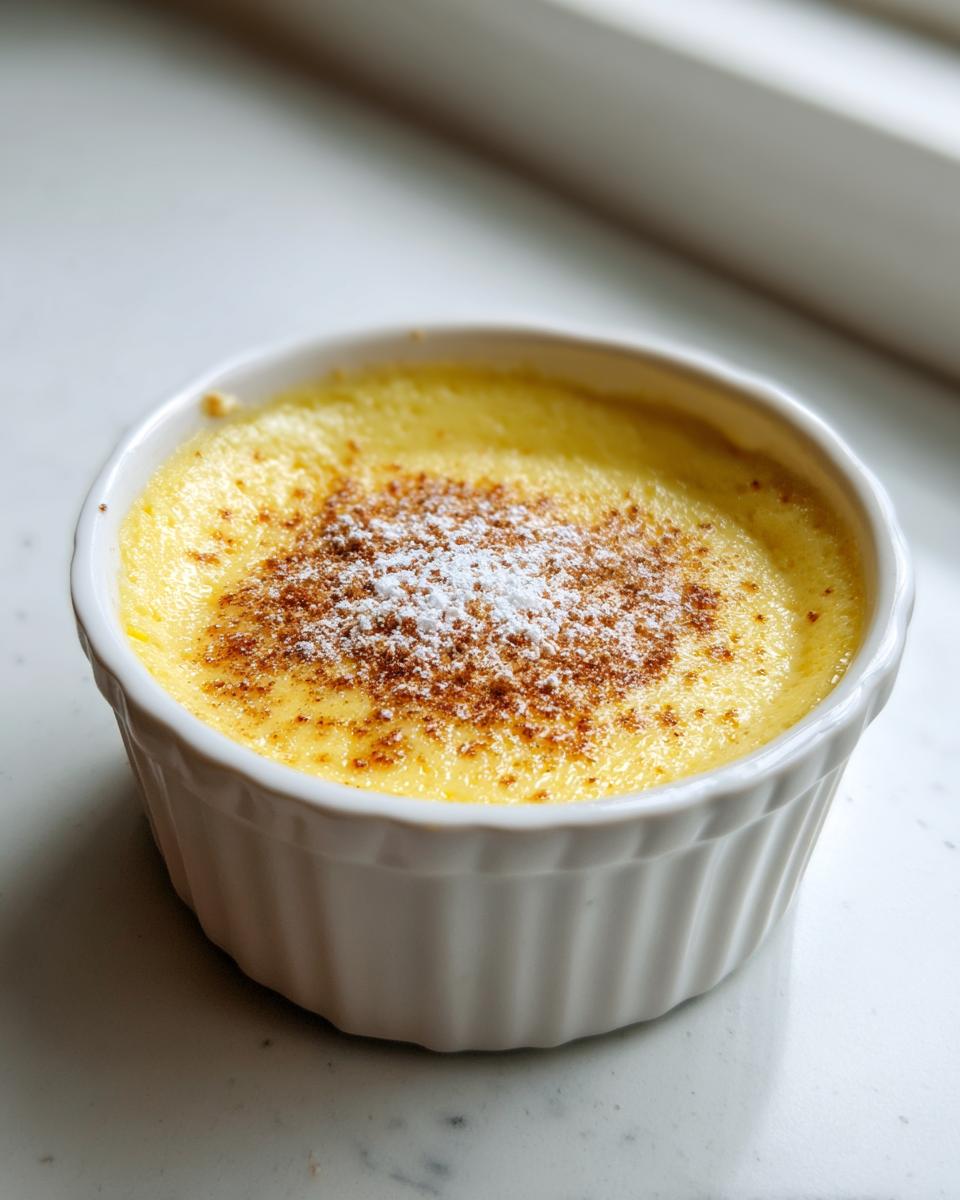 A close-up of a creamy yellow egg custard dessert in a white fluted ramekin, topped with cinnamon and powdered sugar.
