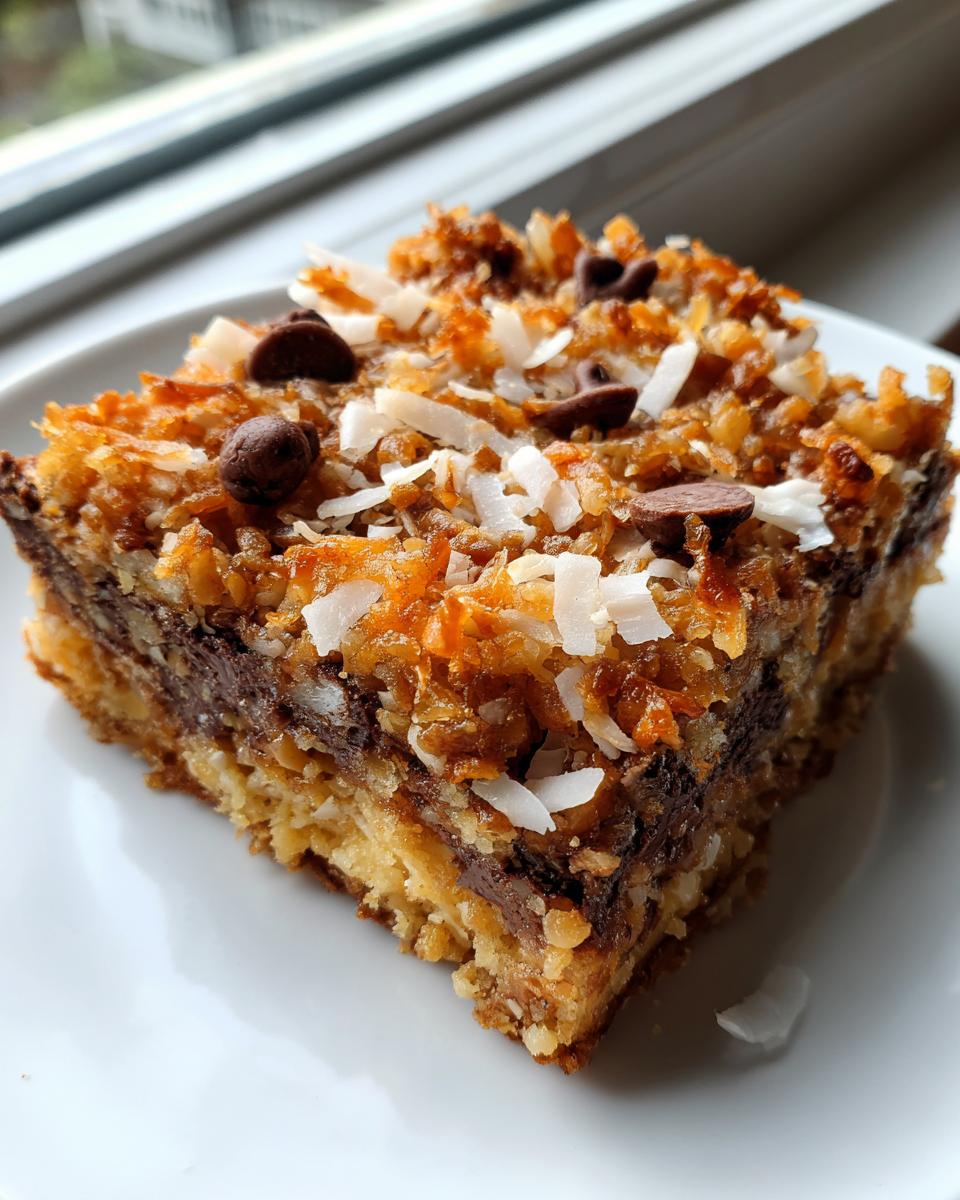 A single square of rich magic cookie bars topped with toasted coconut, chocolate chips, and shredded coconut.