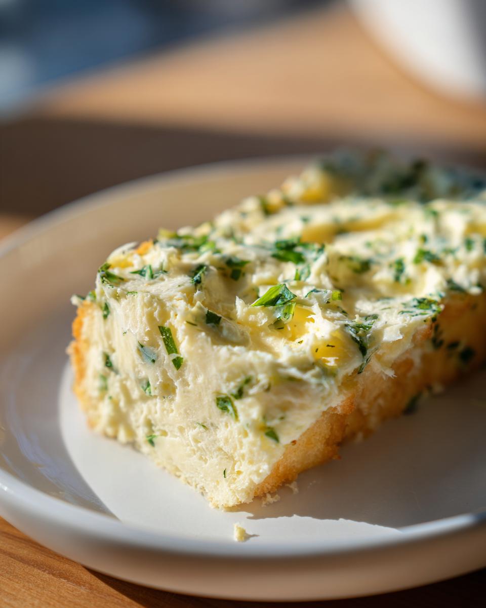 Close-up of a thick slice of bread generously topped with homemade garlic butter mixed with fresh green herbs.
