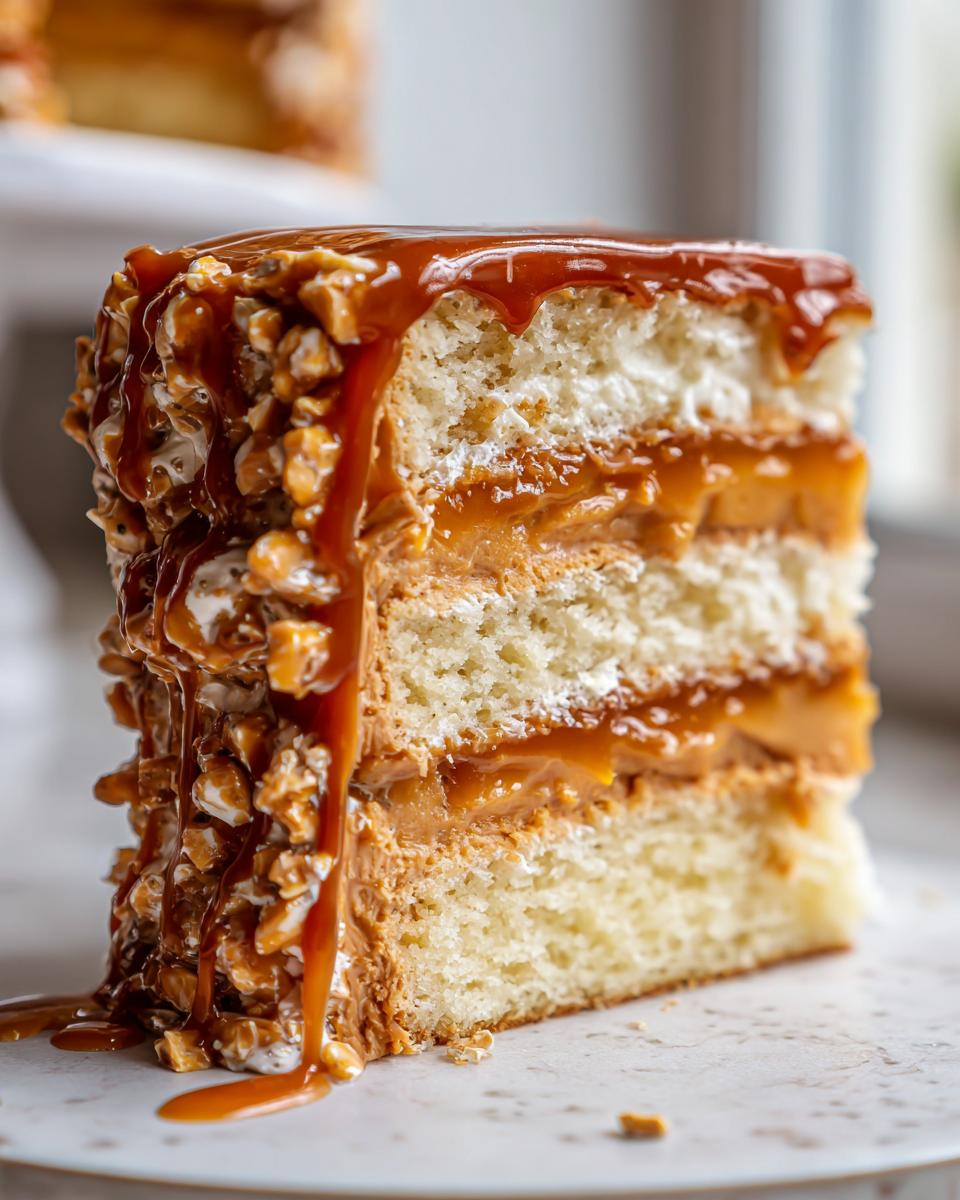 Close-up of a decadent slice of caramel crunch cake showing three layers of vanilla sponge, caramel filling, and crunchy topping.
