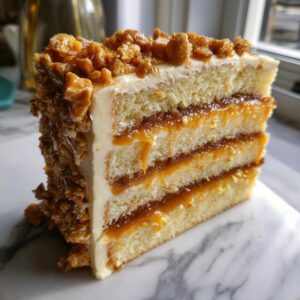 A tall slice of caramel crunch cake showing three layers of vanilla sponge, caramel filling, and white frosting, topped with crunch.