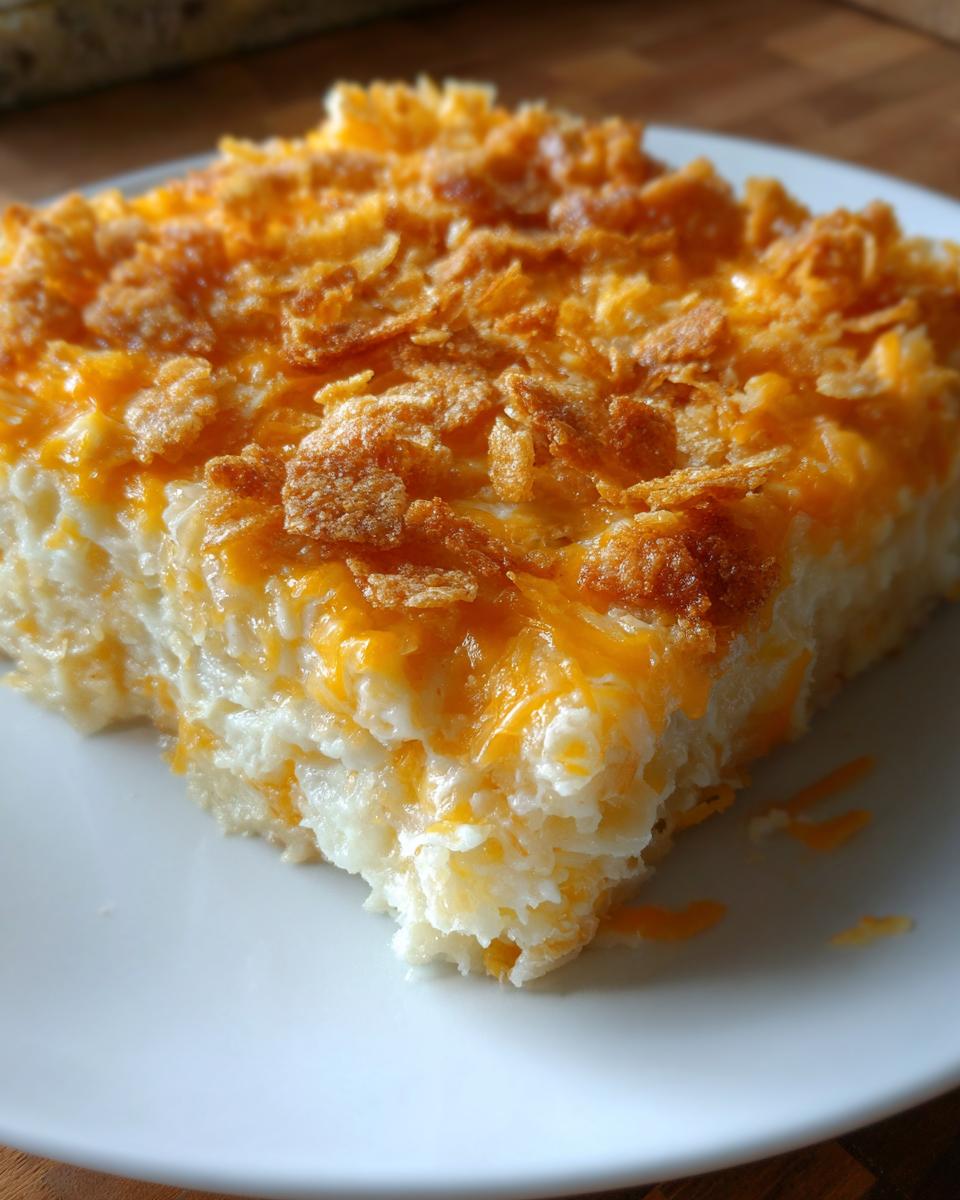 Close-up of a square slice of creamy potato casserole topped with melted cheddar cheese and crunchy cornflakes.