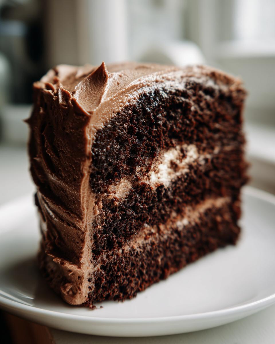 Close-up of a moist, dark slice from the chocolate cake recipe, layered with frosting, sitting on a white plate.
