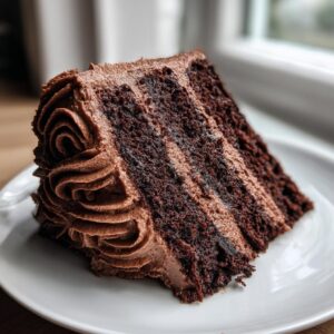 A tall slice of moist chocolate cake recipe layered with thick chocolate frosting, served on a white plate.