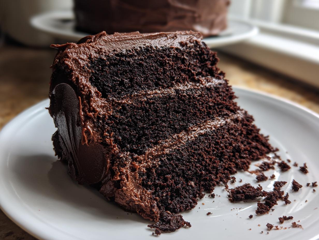 Close-up of a moist, dark slice of chocolate fudge cake with thick fudge frosting on a white plate.
