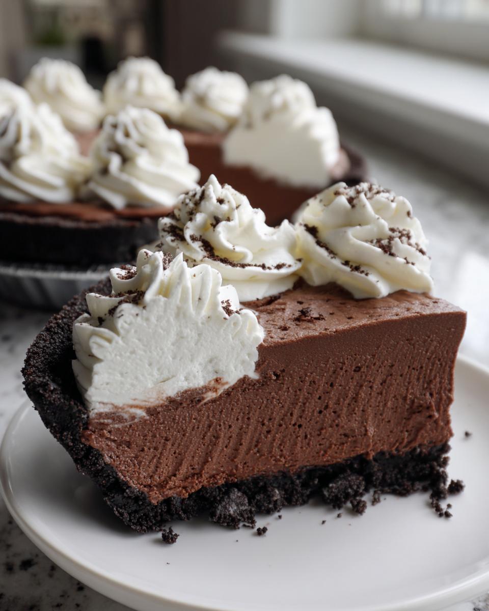 A close-up slice of rich chocolate mousse pie with a dark crust, topped with piped whipped cream.