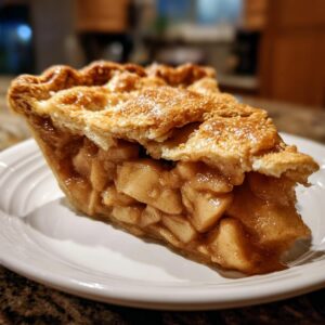 Close-up of a generous slice of homemade apple pie showing thick, spiced apple filling and a golden, flaky, sugared crust.