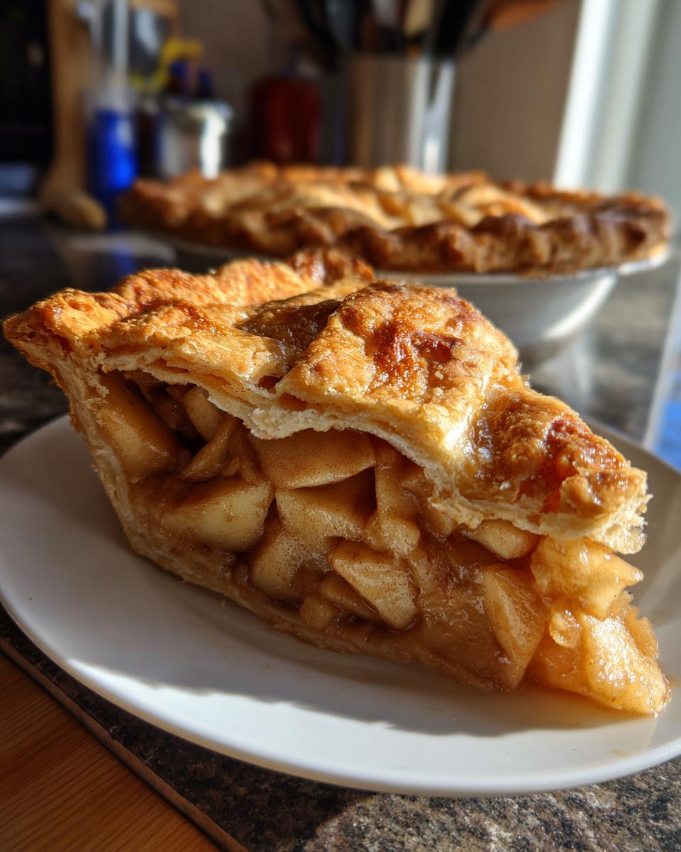 A close-up slice of homemade apple pie showing thick, caramelized apple filling and a flaky, golden crust.