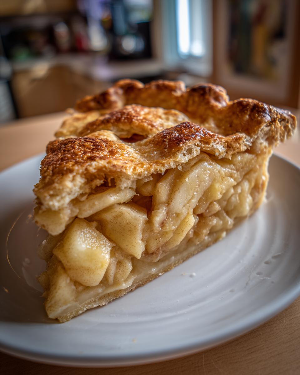 Close-up of a thick slice of homemade apple pie showing chunky, spiced apple filling and a golden, flaky lattice crust.