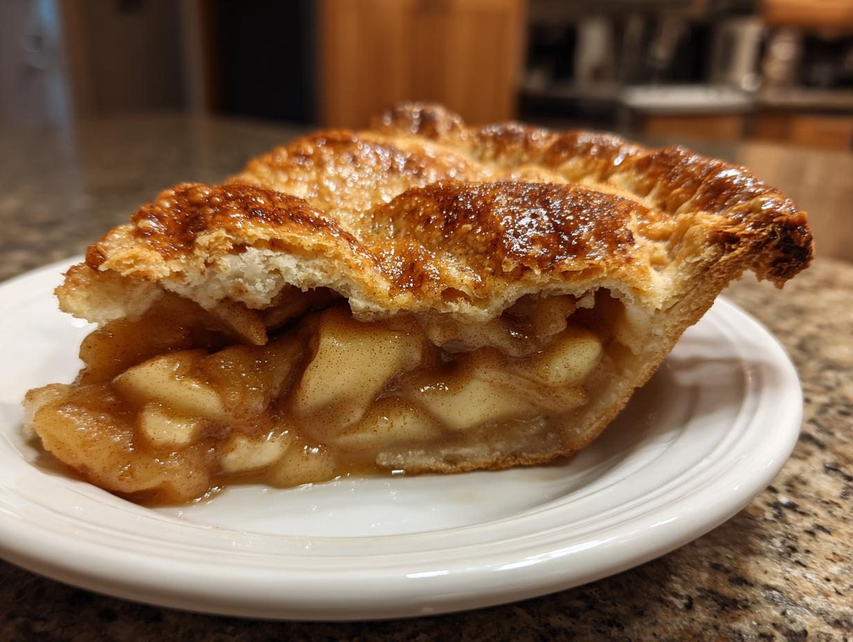 Close-up of a slice of homemade apple pie showing thick, cinnamon-spiced apple filling and a golden, flaky crust.