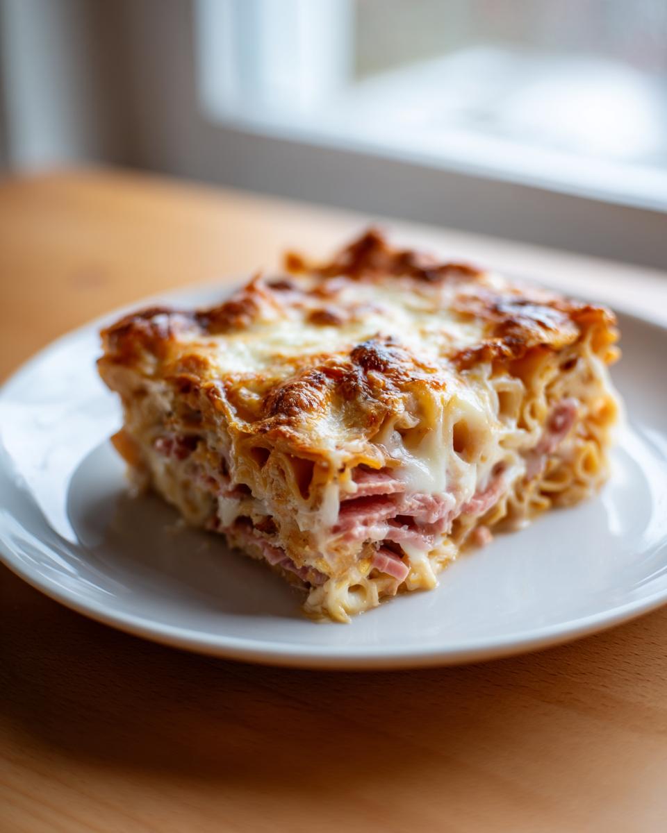 A square slice of homemade reuben bake with layers of pasta, ham, and melted cheese topping.