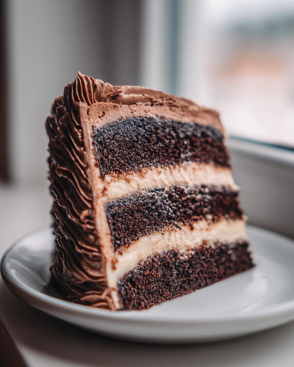 A tempting slice of multi-layered chocolate cake recipe with dark cake layers and creamy filling on a white plate.